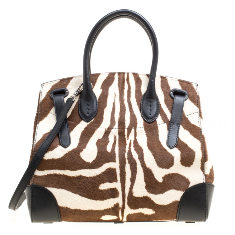 Pre Owned Ralph Lauren Black Zebra Print Pony Hair and Leather Ricky Tote