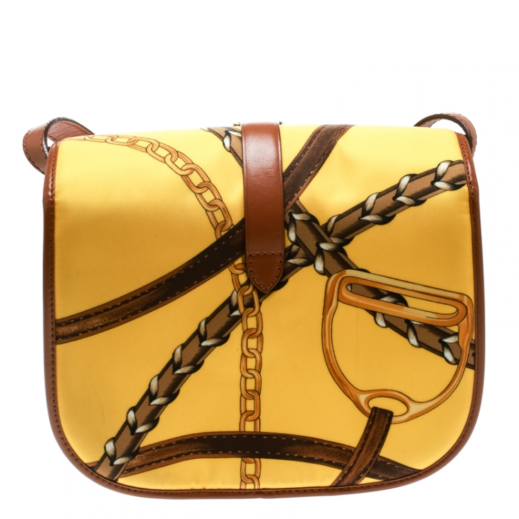 Pre Owned Ralph Lauren Yellow/Brown Chadwick Print Nylon Flap Shoulder Bag