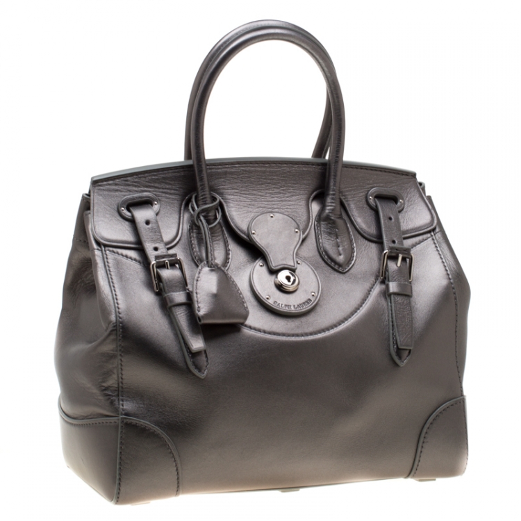 Pre Owned Ralph Lauren Silver Metallic Soft Leather Ricky 33 Top Handle Bag