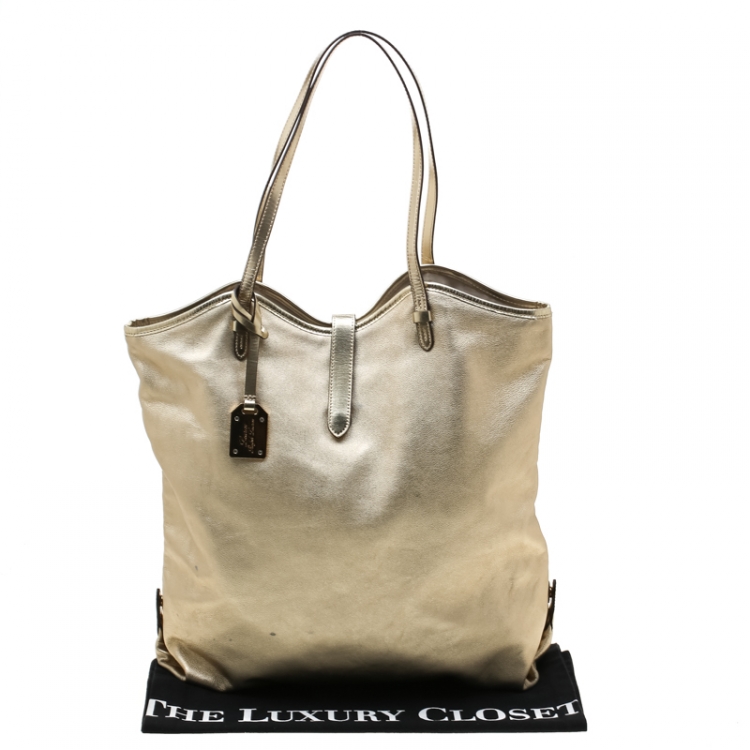 Pre Owned Lauren Ralph Lauren Metallic Silver Leather Shopper Tote