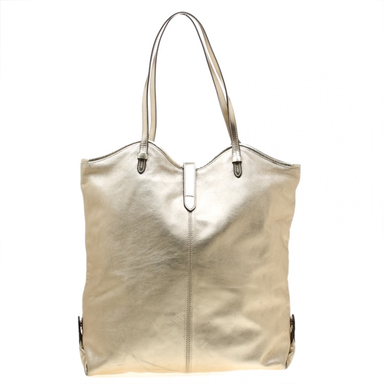 Pre Owned Lauren Ralph Lauren Metallic Silver Leather Shopper Tote