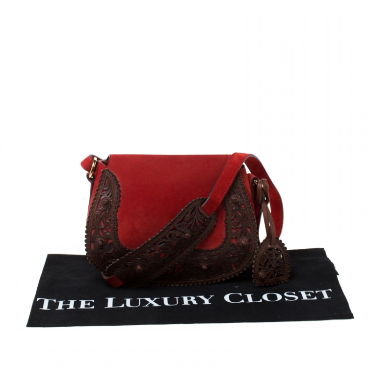 مملوكة مسبقًا Ralph Lauren Red/Brown Nubuck and Leather Saddle Bag