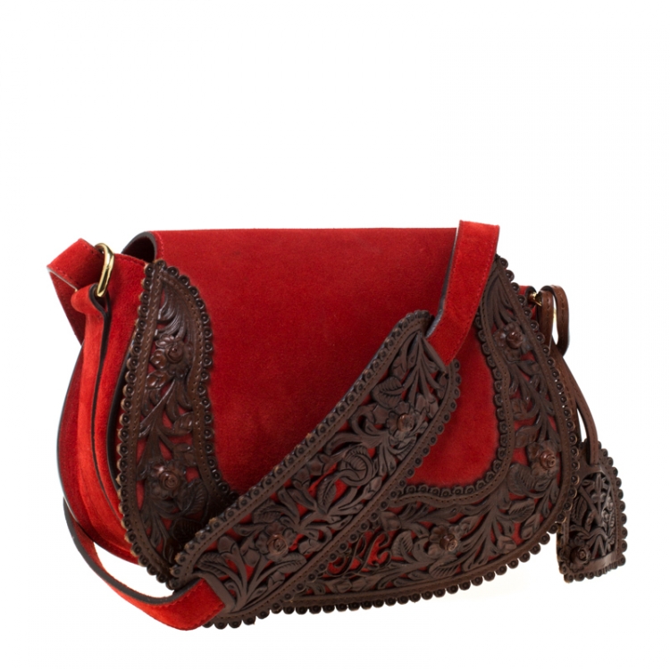 مملوكة مسبقًا Ralph Lauren Red/Brown Nubuck and Leather Saddle Bag
