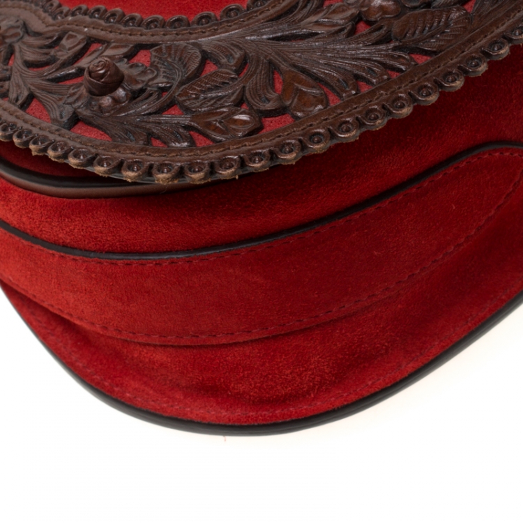 مملوكة مسبقًا Ralph Lauren Red/Brown Nubuck and Leather Saddle Bag