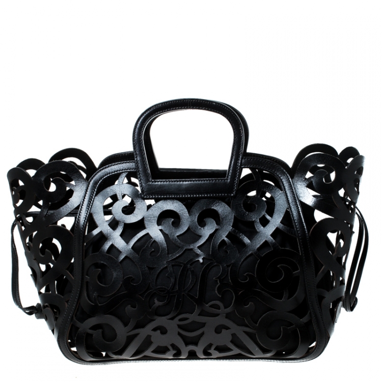 Pre Owned Ralph Lauren Black Leather Vachetta Scroll Tote