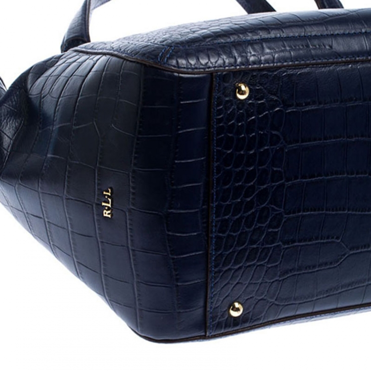 Pre Owned Lauren Ralph Lauren Blue Crocodile Embossed Leather Satchel