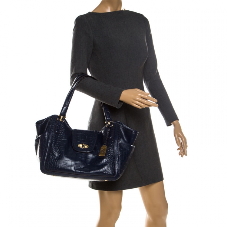 Pre Owned Lauren Ralph Lauren Blue Crocodile Embossed Leather Satchel