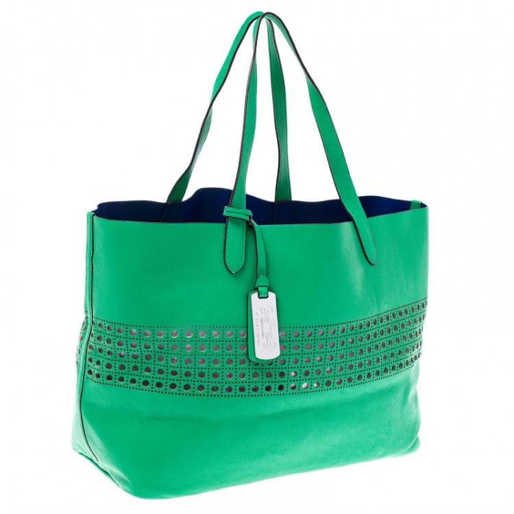 مملوكة مسبقًا Ralph Lauren Green Perforated Leather Leighton Shopper Tote