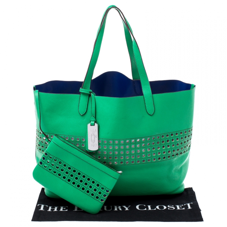 مملوكة مسبقًا Ralph Lauren Green Perforated Leather Leighton Shopper Tote