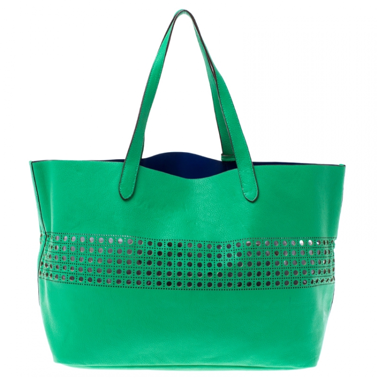 مملوكة مسبقًا Ralph Lauren Green Perforated Leather Leighton Shopper Tote