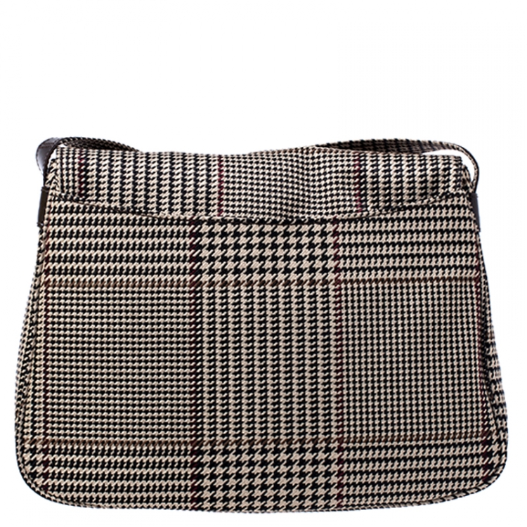 Pre Owned Lauren Ralph Lauren Beige/Brown Canvas and Leather Houndstooth Messenger Bag