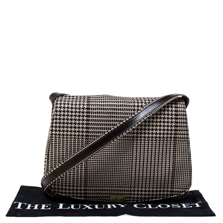 Pre Owned Lauren Ralph Lauren Beige/Brown Canvas and Leather Houndstooth Messenger Bag