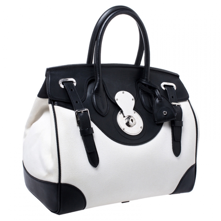 Pre Owned Ralph Lauren White/Black Canvas and Leather Ricky Tote