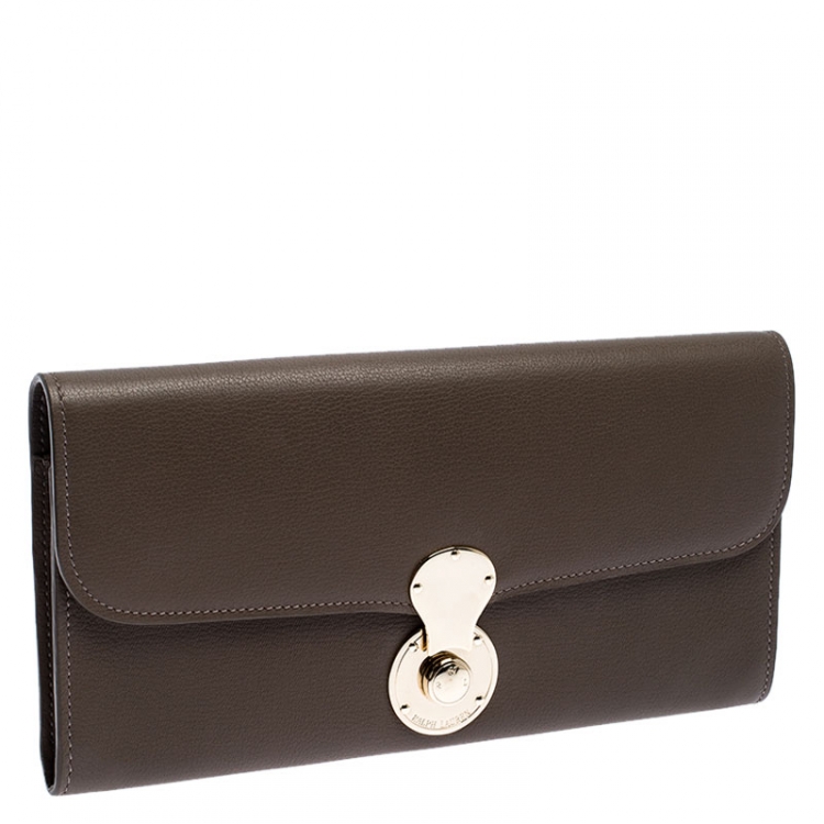 Pre Owned Ralph Lauren Dark Beige Eagle Embossed Leather Ricky Clutch