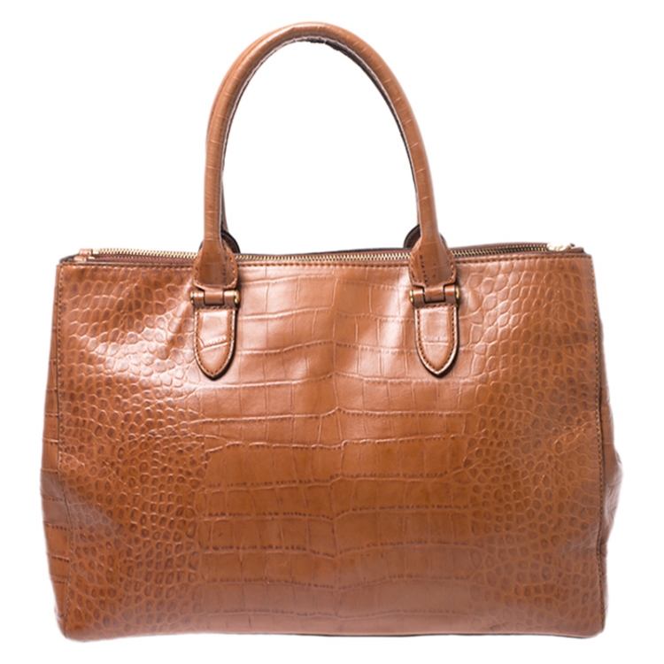 Pre Owned Lauren Ralph Lauren Brown Croc Embossed Leather Double Zip Tote