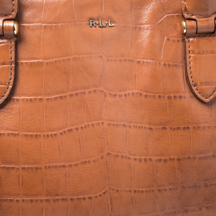 Pre Owned Lauren Ralph Lauren Brown Croc Embossed Leather Double Zip Tote