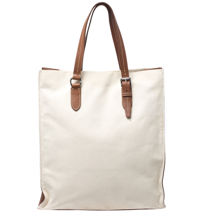 Pre Owned Ralph Lauren Cream/Tan Canvas and Leather  Shopper Tote