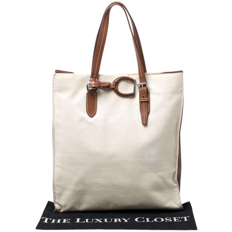 Pre Owned Ralph Lauren Cream/Tan Canvas and Leather  Shopper Tote