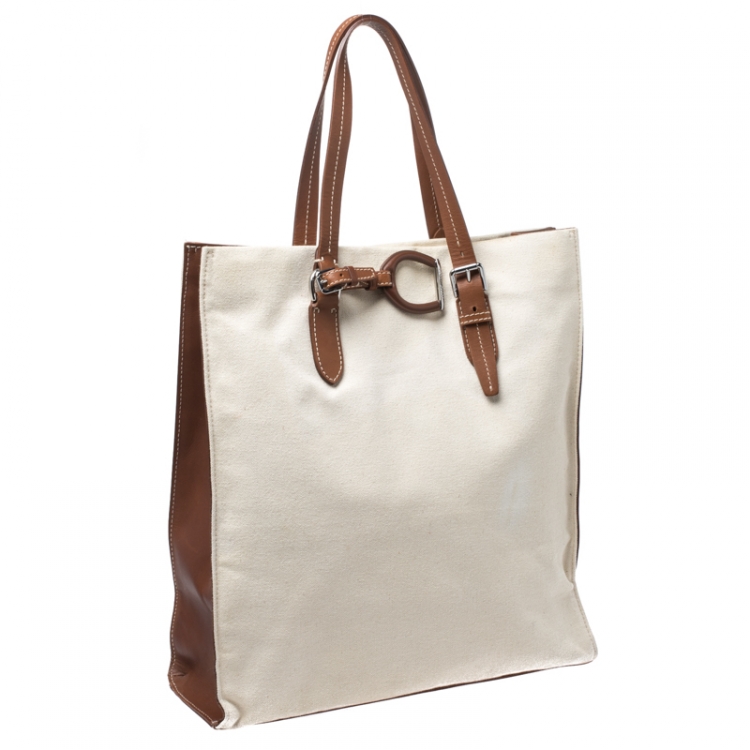 Pre Owned Ralph Lauren Cream/Tan Canvas and Leather  Shopper Tote