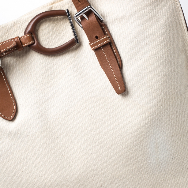 Pre Owned Ralph Lauren Cream/Tan Canvas and Leather  Shopper Tote