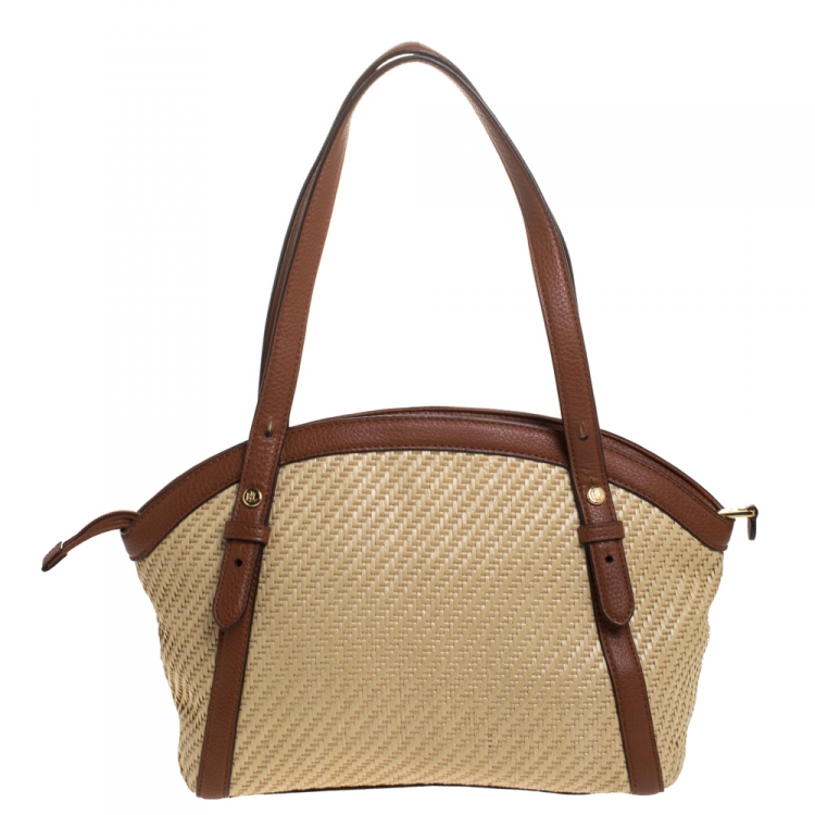 Pre Owned Ralph Lauren Beige/Brown Raffia and Faux Leather Satchel
