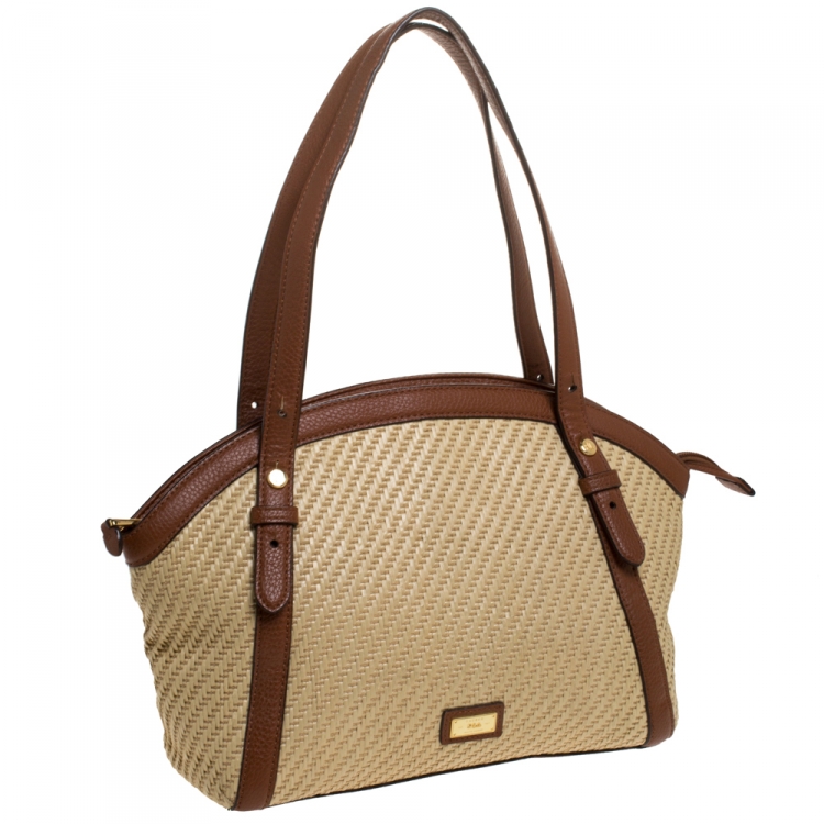 Pre Owned Ralph Lauren Beige/Brown Raffia and Faux Leather Satchel