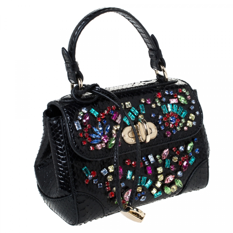 Pre Owned Ralph Lauren Black Python Mini Tiffin Crystal Embellished Top Handle Bag