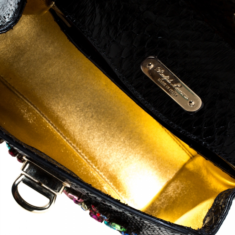 Pre Owned Ralph Lauren Black Python Mini Tiffin Crystal Embellished Top Handle Bag