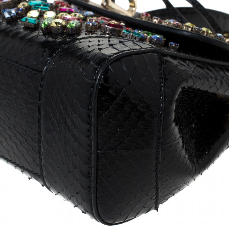 Pre Owned Ralph Lauren Black Python Mini Tiffin Crystal Embellished Top Handle Bag