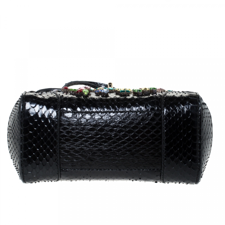 Pre Owned Ralph Lauren Black Python Mini Tiffin Crystal Embellished Top Handle Bag