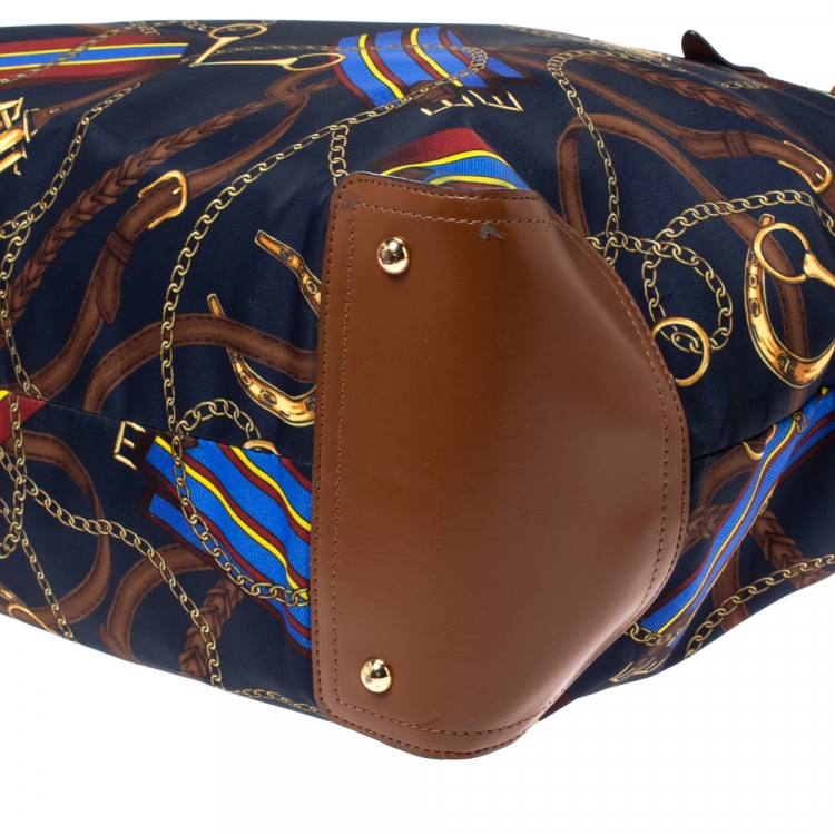 Pre Owned Ralph Lauren Multicolor Equestrian Print Nylon and Leather Shopper Tote