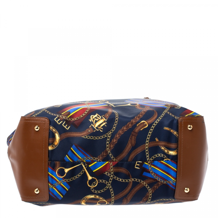 Pre Owned Ralph Lauren Multicolor Equestrian Print Nylon and Leather Shopper Tote
