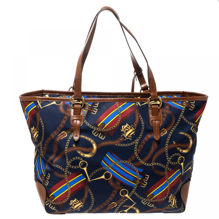 Pre Owned Ralph Lauren Multicolor Equestrian Print Nylon and Leather Shopper Tote