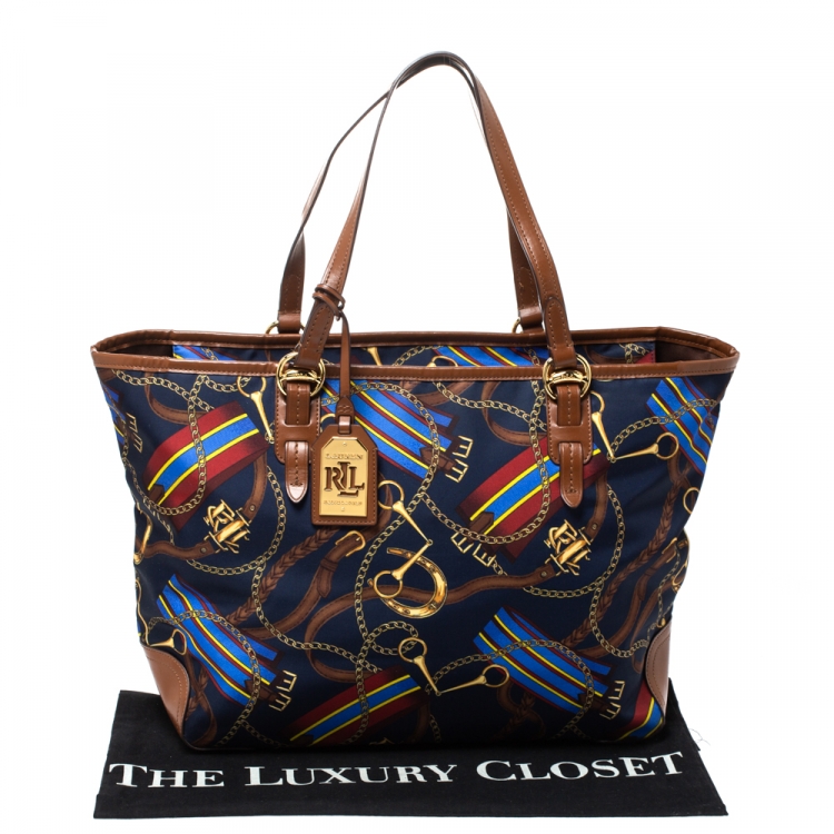 Pre Owned Ralph Lauren Multicolor Equestrian Print Nylon and Leather Shopper Tote