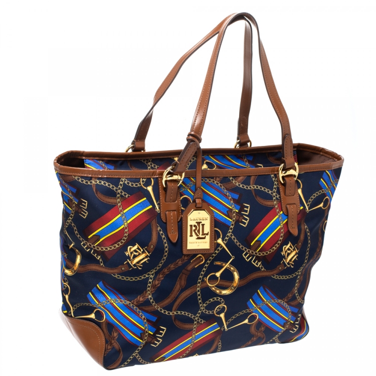 Pre Owned Ralph Lauren Multicolor Equestrian Print Nylon and Leather Shopper Tote