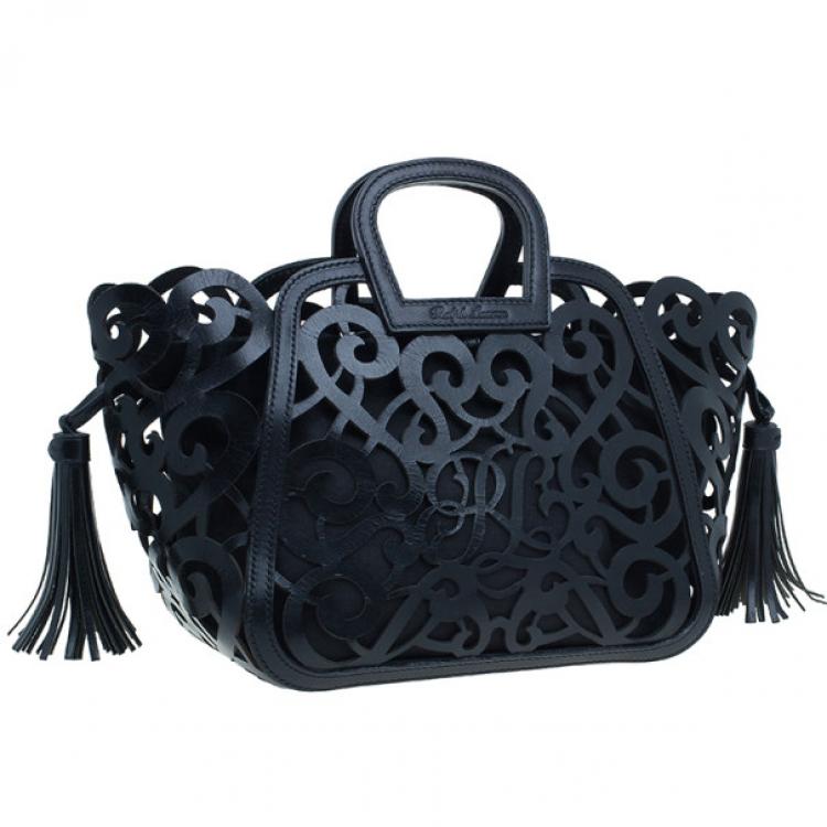 Pre Owned Ralph Lauren Black Leather Small Vachetta Scroll Tote