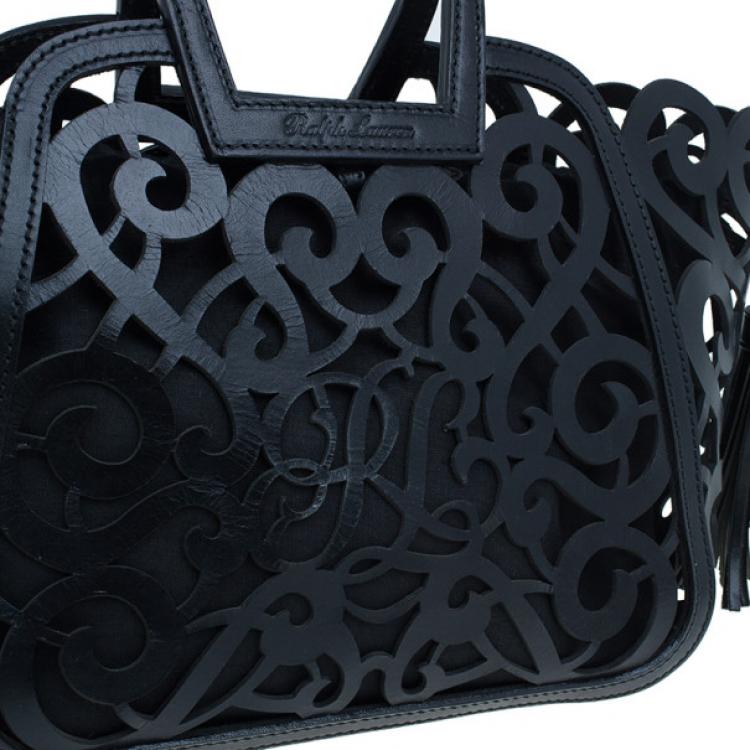 Pre Owned Ralph Lauren Black Leather Small Vachetta Scroll Tote