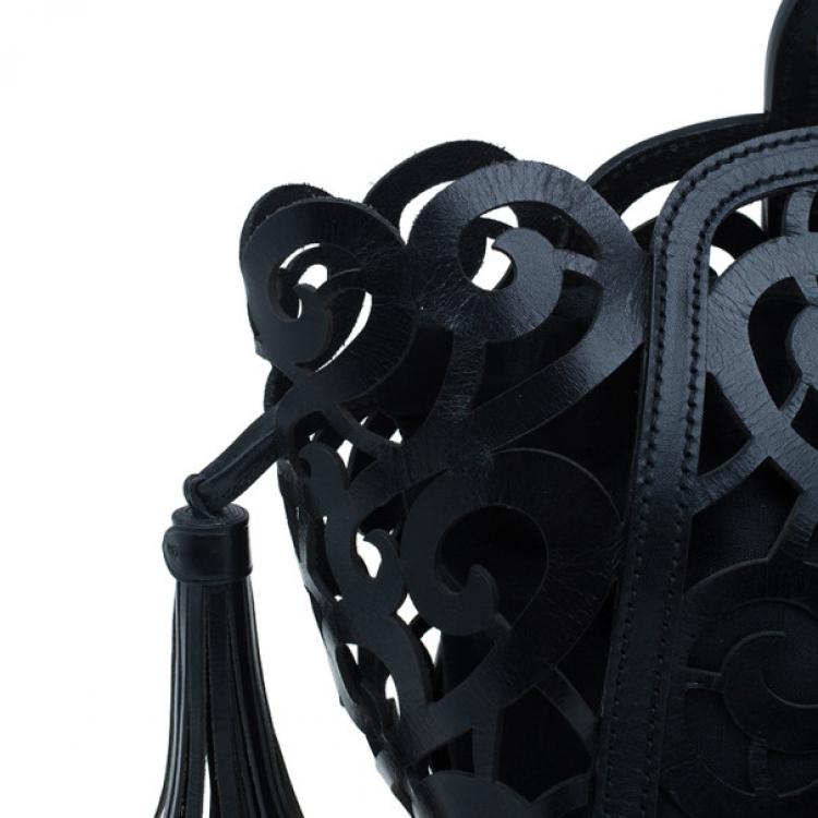 Pre Owned Ralph Lauren Black Leather Small Vachetta Scroll Tote