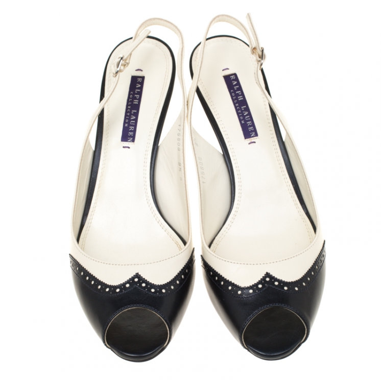 Pre Owned Ralph Lauren Monochrome Brogue Leather Peep Toe Slingback Sandals Size 39.5