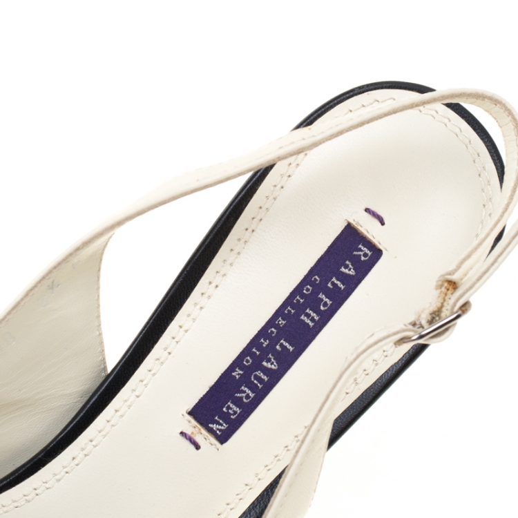 Pre Owned Ralph Lauren Monochrome Brogue Leather Peep Toe Slingback Sandals Size 39.5