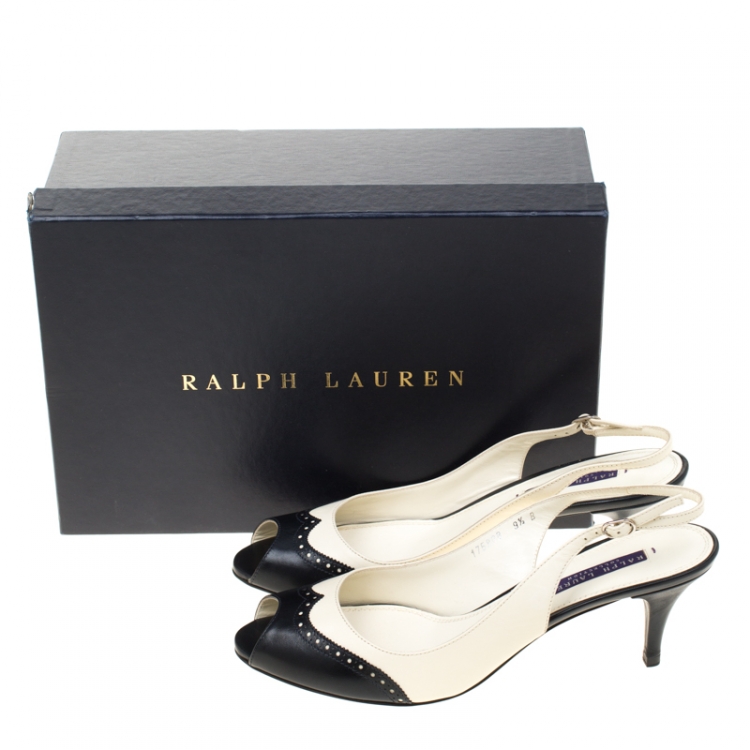 Pre Owned Ralph Lauren Monochrome Brogue Leather Peep Toe Slingback Sandals Size 39.5