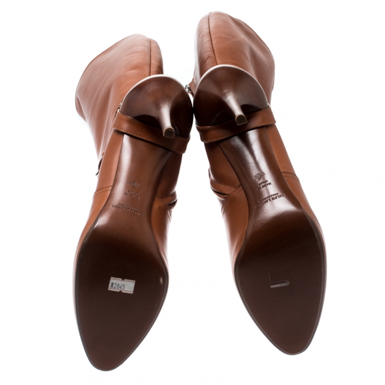 Pre Owned Ralph Lauren Cognac Brown Leather Vivera Buckle Detail Knee Length Boots Size 40