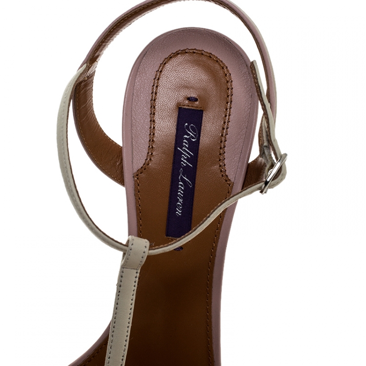 Pre Owned Ralph Lauren Pink/White Leather Pointed Toe T Strap Sandals Size 40