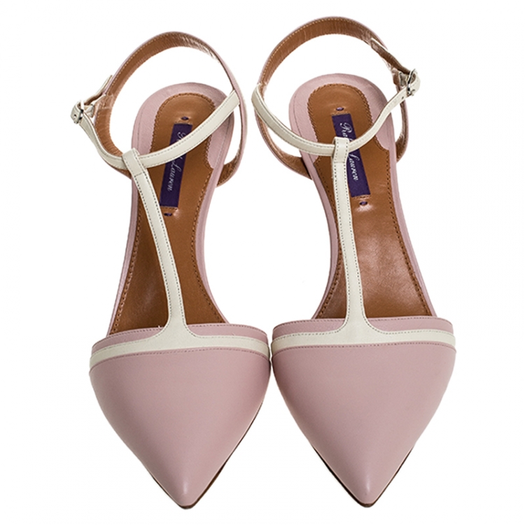 Pre Owned Ralph Lauren Pink/White Leather Pointed Toe T Strap Sandals Size 40
