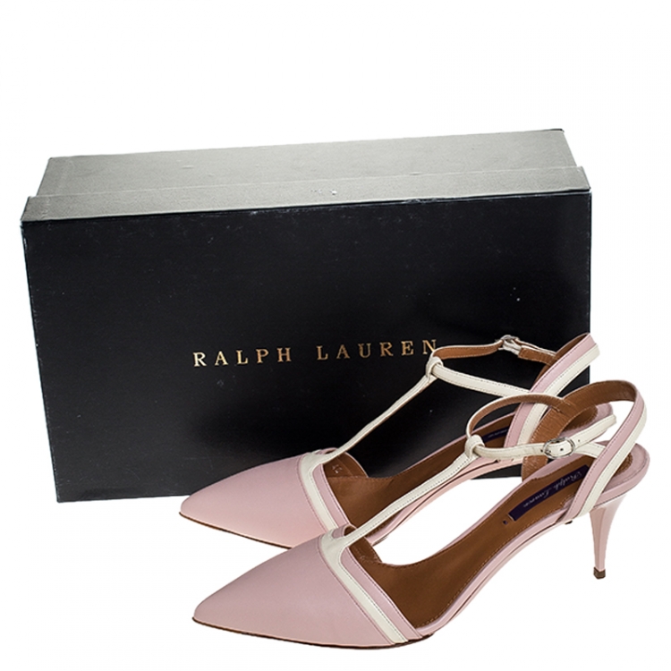 Pre Owned Ralph Lauren Pink/White Leather Pointed Toe T Strap Sandals Size 40