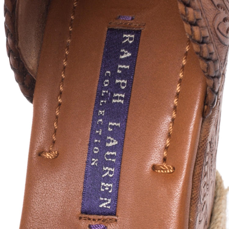 Pre Owned Ralph Lauren Brown Floral Leather Espadrille Wedge Platform Ankle Strap Sandals Size 37