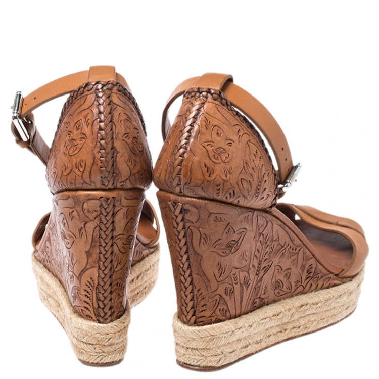 Pre Owned Ralph Lauren Brown Floral Leather Espadrille Wedge Platform Ankle Strap Sandals Size 37