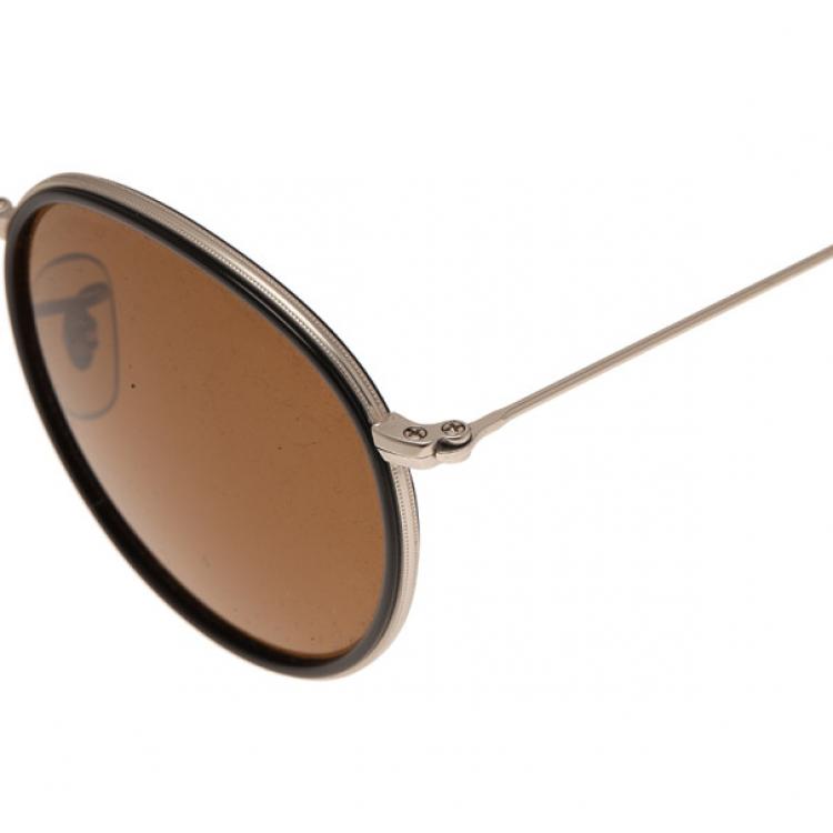 Pre Owned Ray-Ban RB3517 Black & Silver Round Folding Polarised Sunglasses