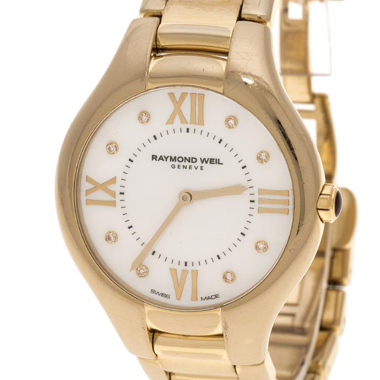 مملوكة مسبقًا Raymond Weil White Mother of Pearl Gold Plated Stainless Steel Noemia 5136 Women's Wristwatch 36 mm