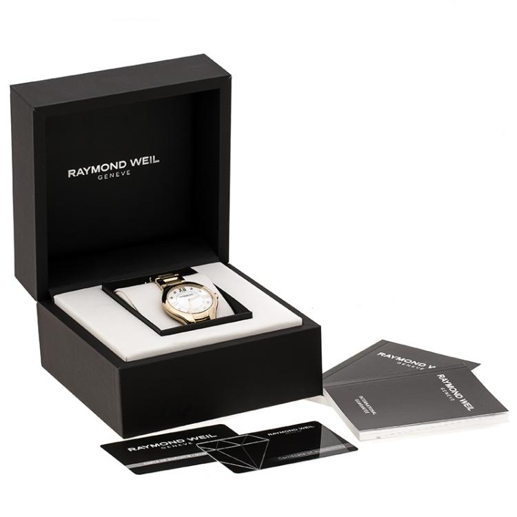 مملوكة مسبقًا Raymond Weil White Mother of Pearl Gold Plated Stainless Steel Noemia 5136 Women's Wristwatch 36 mm